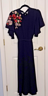 SHEIN Curve Black Maxi Dress 2XL Floral Embroidered Sleeve High Neck Tie  Back | eBay