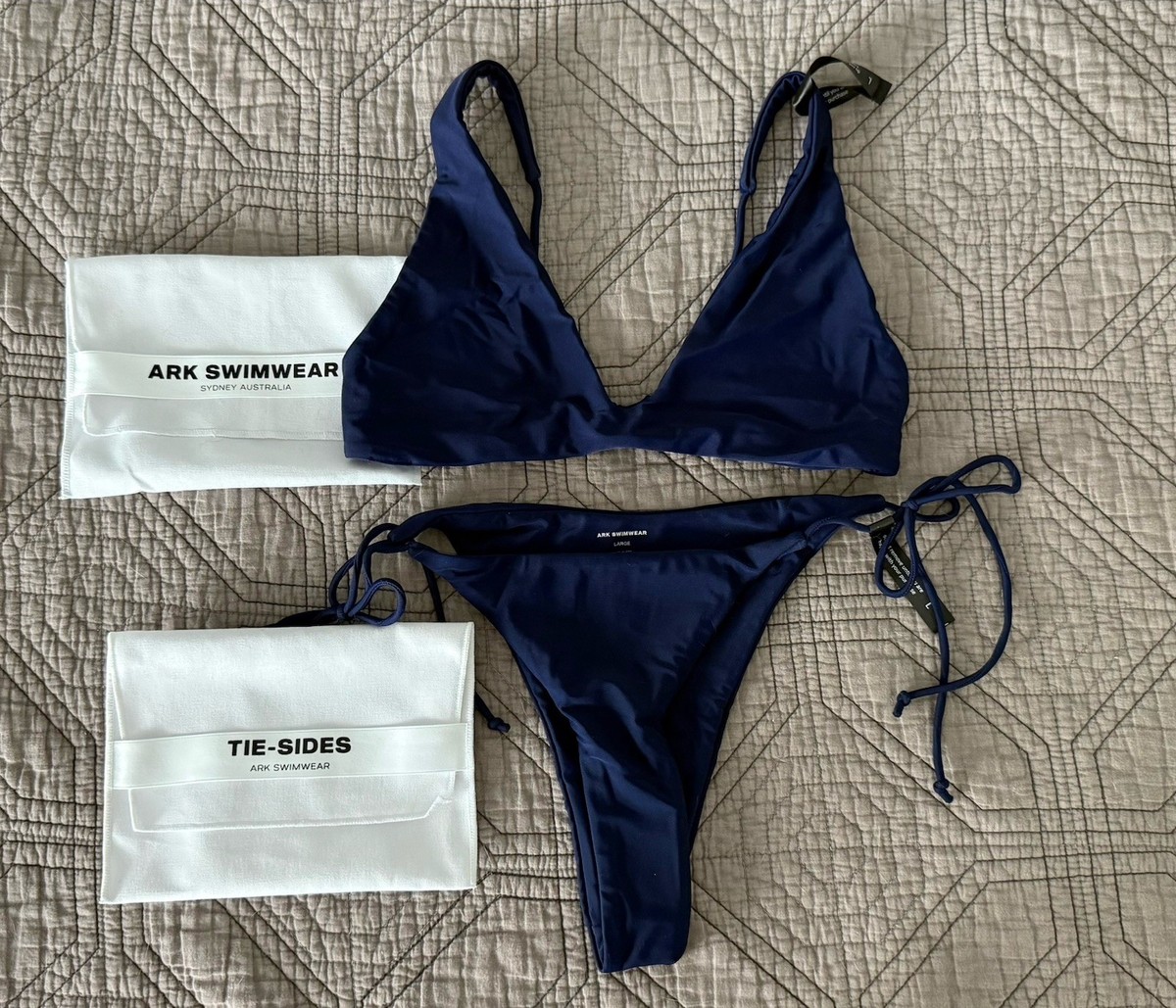 NWT Ark Swimwear Navy Blue Scoop Top Tie Sides Bikini Bottom Size L