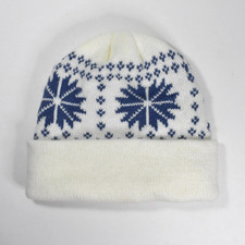 Women's Winter Beanie One Size Ivory Blue Knit Snowflake Warm Sherpa Lined