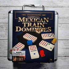 Mexican Train Dominoes in Aluminum Carry Case by Traditions Cardinals - New
