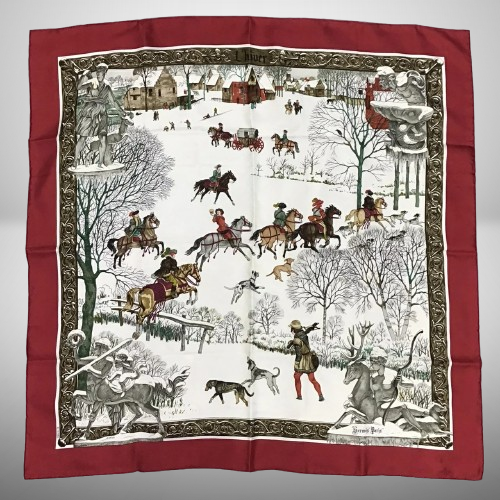 HERMES カレ90 L'Hiver en Poste スカーフ HERMES Carre 90 L'HIVER EN POSTE Silk Scarf Red x Multicolor W