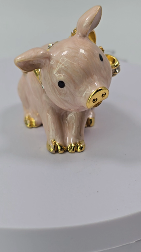 PIG PINK Metal Enamel Hinged Jewelry Trinket Box Jeweled Rhinestone. - Video 1 of 1