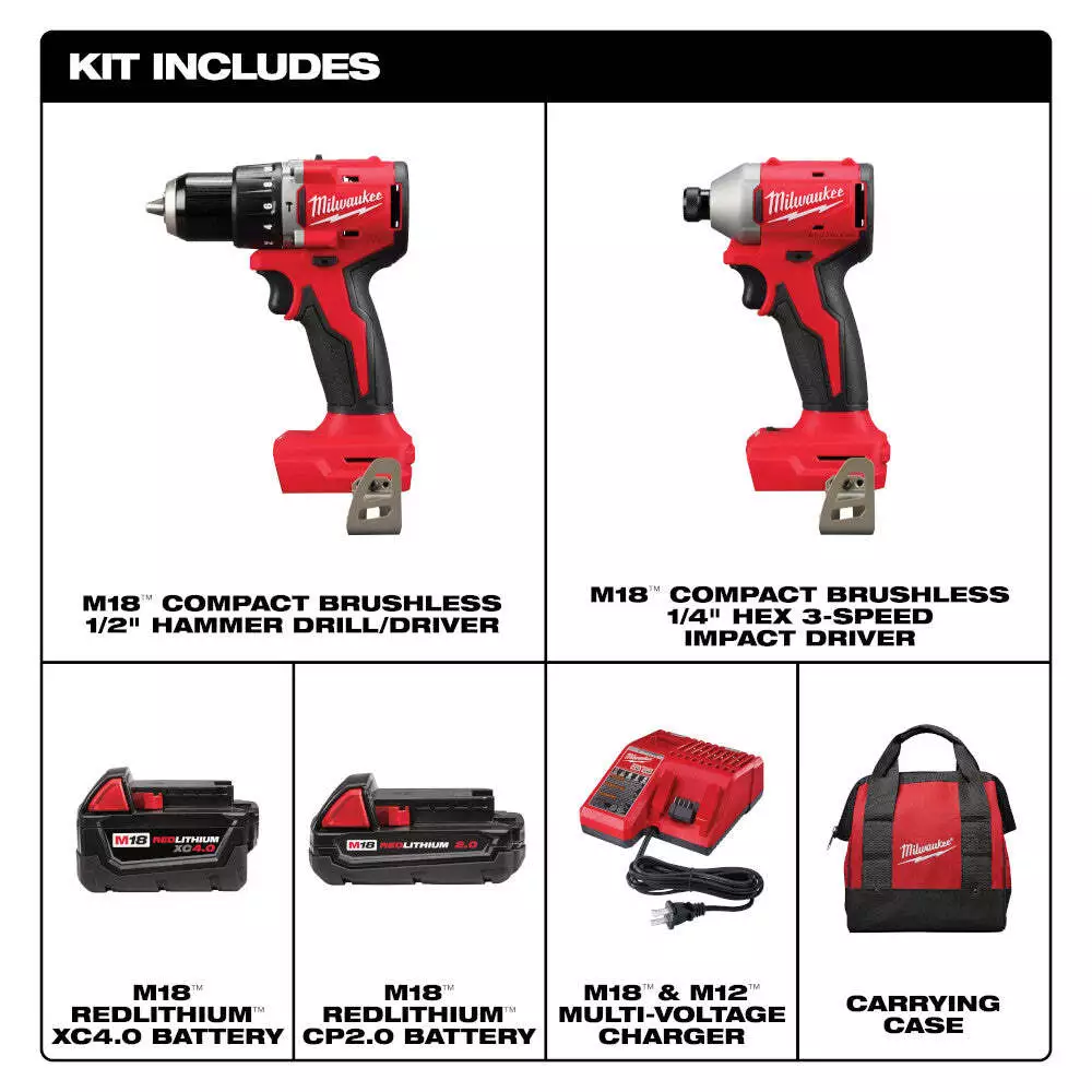 Milwaukee 3693-22CX M18 18V 2 Compact Brushless Cordless Tool 