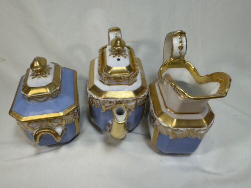 19thc. Old Paris Porcelain Style Blue & Gold 8-Pc TEA SET for TWO w/Landscape - Picture 6 of 18