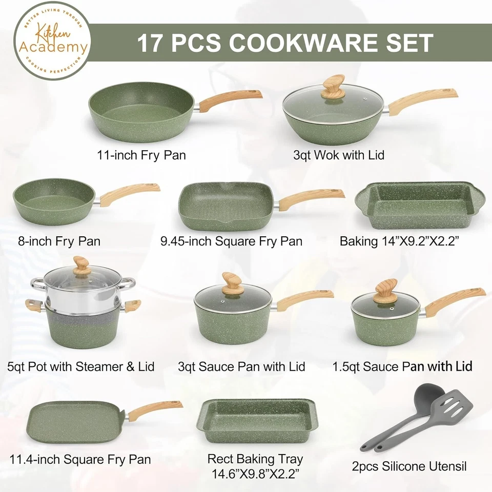 17 Piece Cookware Set Nonstick Granite Coated Pots and Pans Set Bakeware Green
