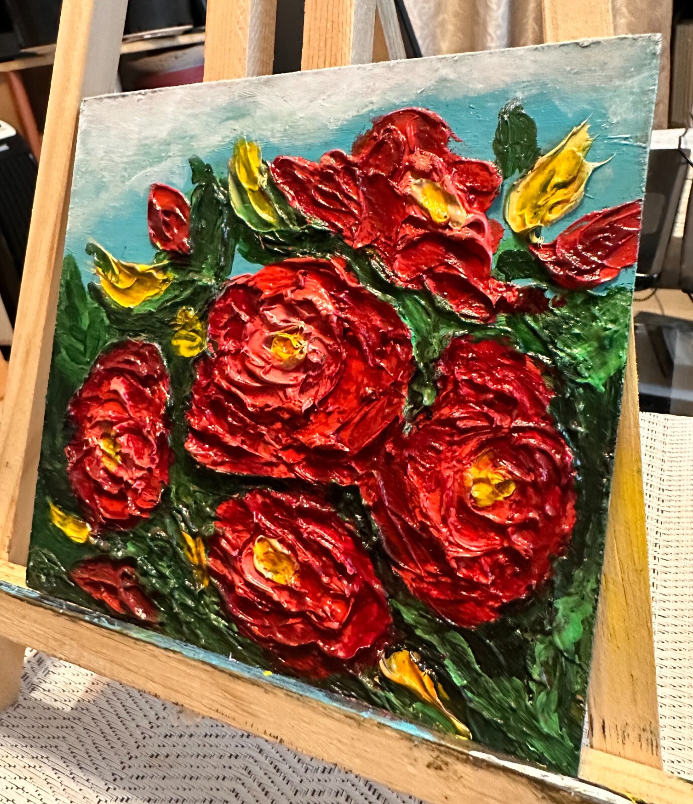 Oil Painting Red Roses Floral Art on Panel 3 D Impasto Image 15x15 cm 6x6 inches