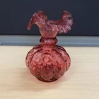 Vintage Fenton 6in Cranberry Glass Beaded Melon Vase Crimped Ruffled Rim
