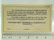 1960's Southern Bell Telephone & Telegraph Co COIN payment card           pa
