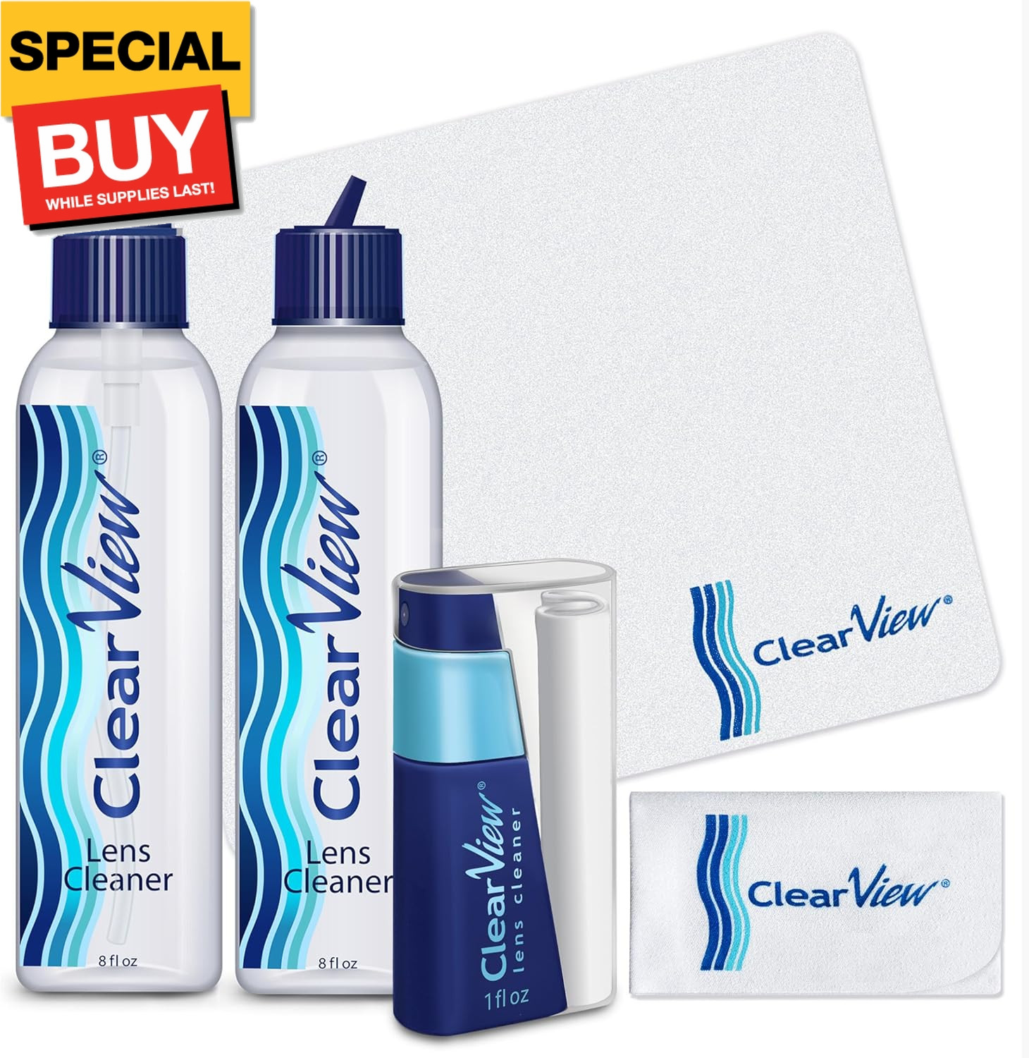 Clear View Lens Cleaner Kit | 2 x 8oz Bottles, 1 Travel Spra