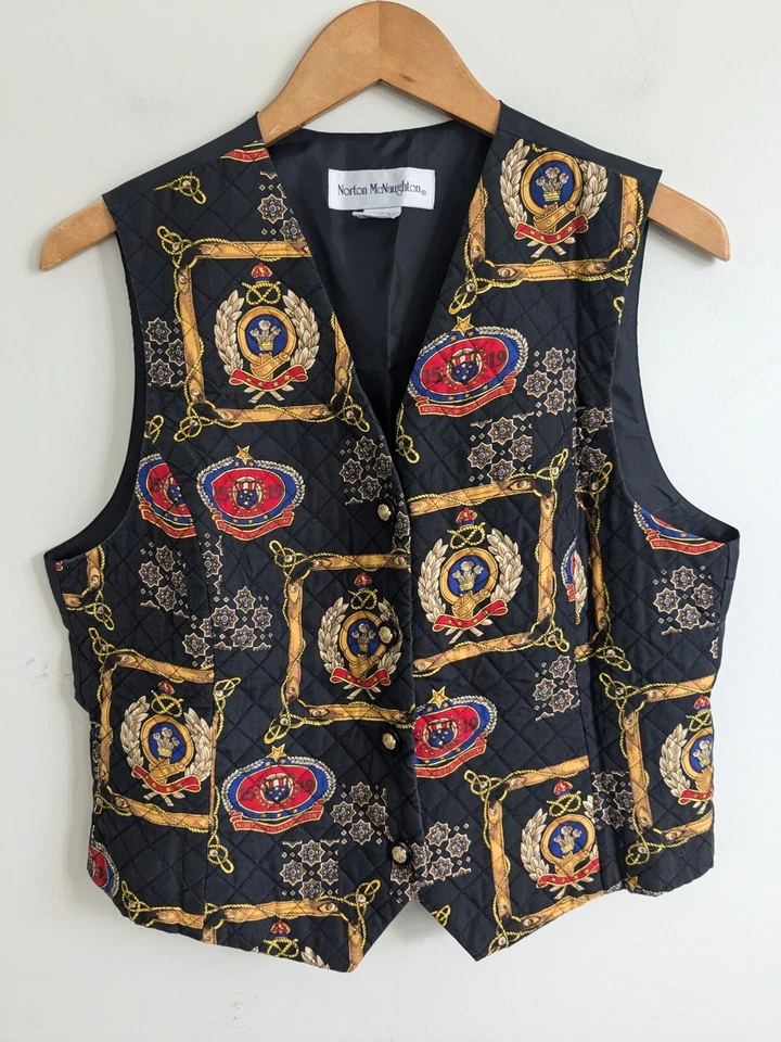 Chaleco acolchado de seda vintage años 90 para mujer cadena de oro 10 ecuestre antiguo escudo de dinero  Foto 2 de 4