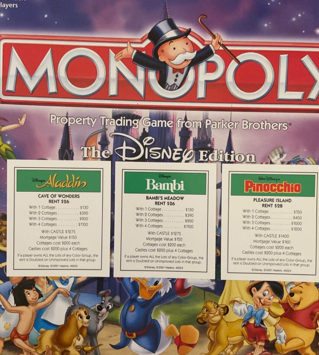 Disney Monopoly Green Aladdin Bambi Pinocchio Title Deed Card Game