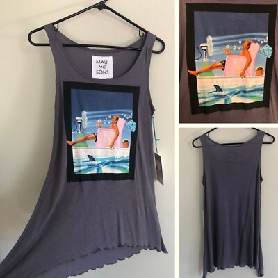 NEW Maui & Sons Relaxed Tank Top Sz S NWT Charcoal Gray Graphic Flutter Hem
