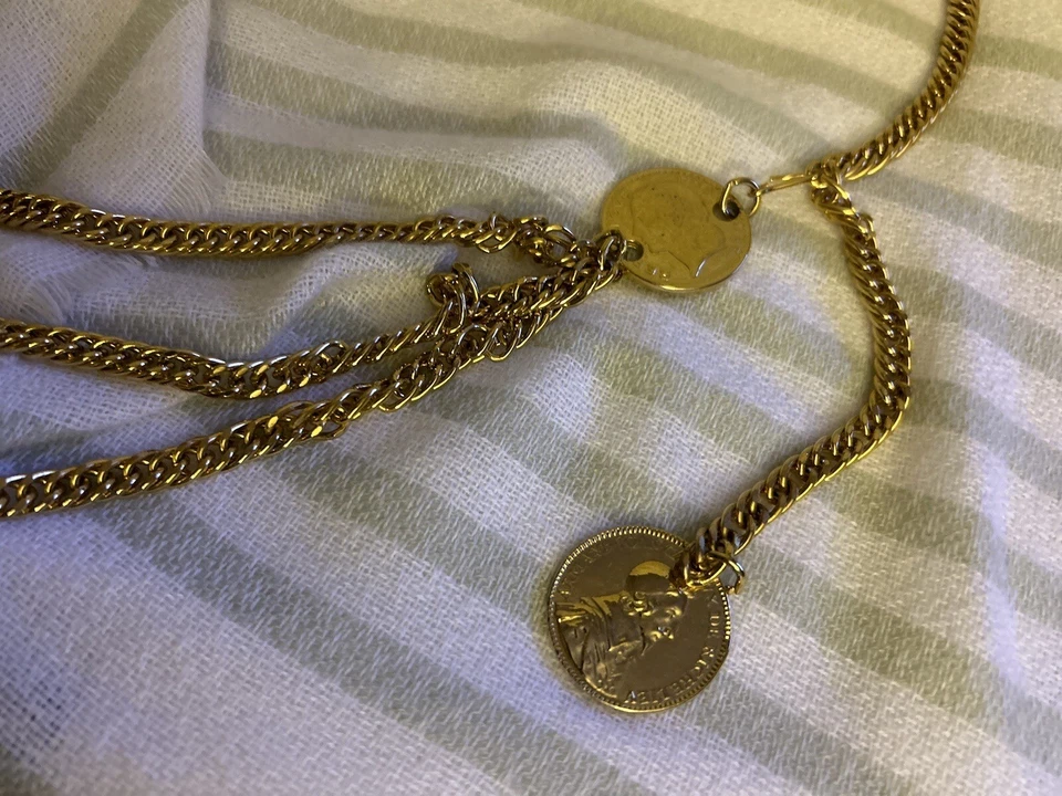 Chain Belt Goldtone Metal Faux Coin Triple Draped Coins Adjustable - Image 3 of 4