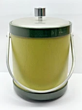 Vintage ATAPCO faux leather GREEN ice bucket chrome handle MCM Barware 1960s