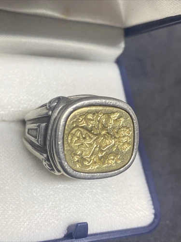Esti Frederica Vintage Silver & 18kt Gold Crest Intaglio Ring Sz 5.5