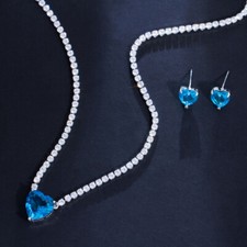 Blue Heart Zircon Crystal Necklace Earrings Silver Plated Jewelry Set Women Gift
