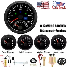 5 Gauge Set With Sender 85mm GPS Speedometer 120MPH With Tacho Fuel Temp Volt US