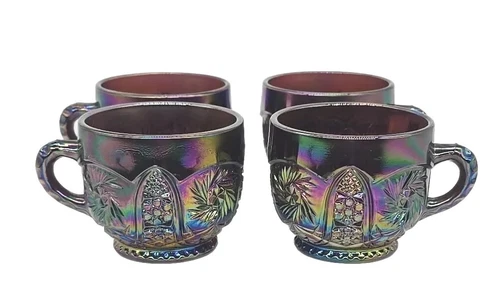 Vintage L.E. Smith Feather & Hobstar Amethyst Carnival Glass Punch Bowl Cups -4