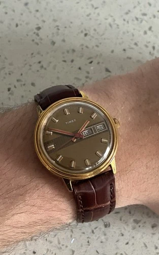 1970s Timex Mercury Day/Date, Brown Barcode Dial. Automaic Watch.