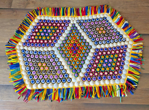 Folk art penny rug handmade table mat runner fringe circles colorful 34x50”