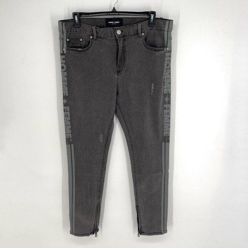 Homme + Femme NEU Skinny Jeans Herren Gr. 40 schwarz grau Logo Streifen Reißverschluss Knöchel - Bild 1 von 10