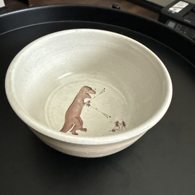 Handmade Studio Pottery Bowl Dinosaur T-Rex Cavemen Hunters Skull Maker's Mark
