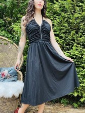 Vintage 1980s Party Dress Black Floaty Rouched Waist Strappy Dress Size 12