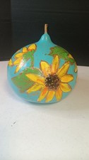 VTG Hand Painted Gourd Sunflower Happy Teal Decor 7"x7"
