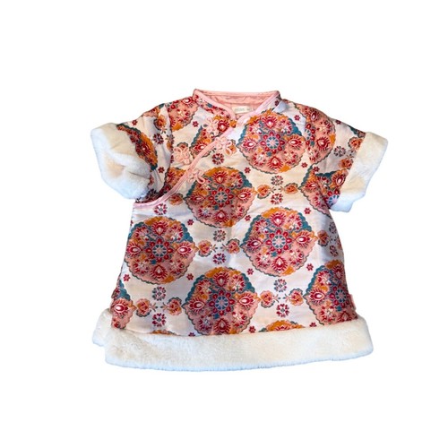 Mides Kids Girls Pink Brocade Cheongsam Dress Faux Fur Trim Lunar New Year 3Y