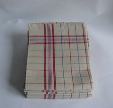 Torchon ancien en lin liteaux rouge et carreaux ourlet mains 