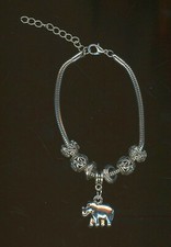 Bracelet Metal Beads  Elephant 3/4" W Charm 8"-10" L 1/8". Dangle 1" n U.S. New