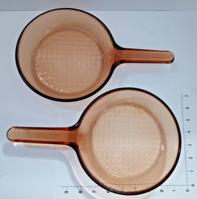 2 Vision Corning Frying Pans Amber Glass Waffle Bottom, 7 , one France, one USA