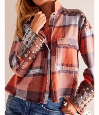 NEW Free People Austin Plaid Button Down Shirt L Large Cotton Flannel Studded