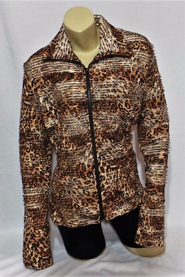 Clara Sun Woo Fitted Double Zipper Jacket Brown Animal Print Size 1X