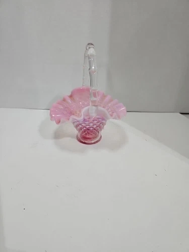 Antique Small  Cranberry Opalescent Hobnail Fenton Basket #ES01
