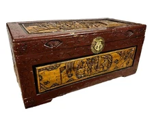Vintage Chinese Hand Carved Camphor Chest Trunk  Hinged Rough As Is 34x16x15