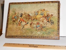 ANTIQUE WOOD CHILDRENs VICTORIAN PUZZLE PICTURE BLOCKS "BLOODY" INDIANS SCALPING