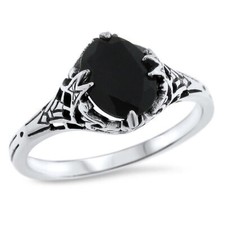 VICTORIAN STYLE BLACK AGATE 925 SOLID STERLING SILVER FILIGREE RING    759Z
