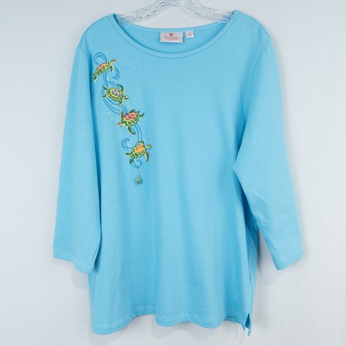 Quacker Factory 3/4 Arm T-Shirt mit Fun Dangle Gr. Large Türkis Schildkröten