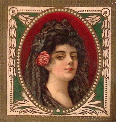 c1900 Lovely Brunette Lady Rose in Hair UNBRANDED Cigar Box Label 3.75 x 4''