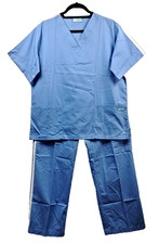 Butter-Soft Scrubs Set M Top Pants Solid Medical Unisex Ceil Blue Side Stripes