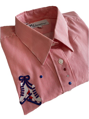 Mili Designs White, Red Striped, Embellished, Button Down Ice Skate Shirt Sz PL - Picture 1 of 15
