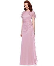 Betsy & Adam Draped Gown Lace Flutter Sleeve Ruched Ruffled Rose Pink Size 12