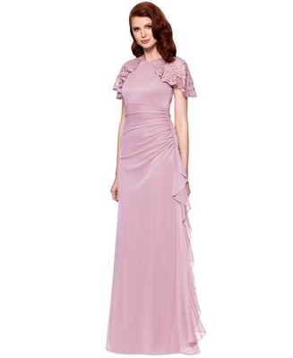 Betsy & Adam Draped Gown Lace Flutter Sleeve Ruched Ruffled Rose Pink Size 14