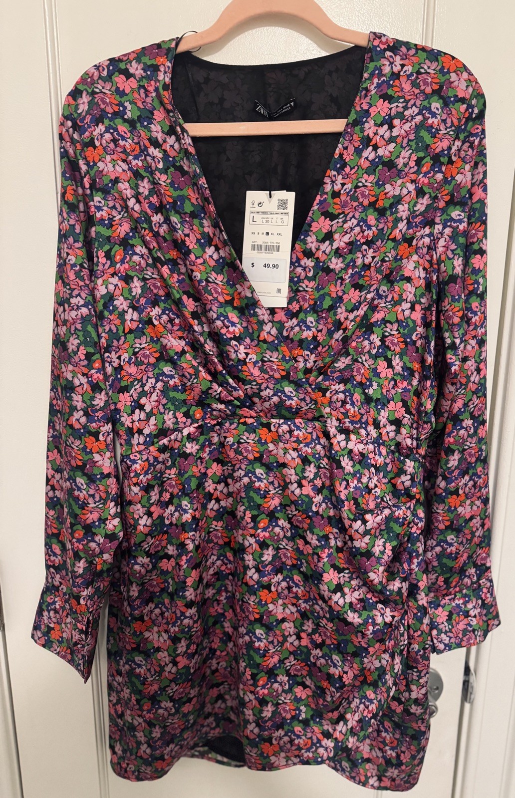 NWT ZARA L Satin Mini Wrap Style dress Abstract Floral Multicolored Long Sleeve