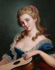 Quadro Francese Cornice Ritratto Giovane Donna Musicista Per Settecento Musica