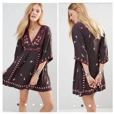 Free People Pavlo Mini Dress Small Black Embroidered Bell Sleeve Boho