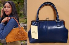 NWT Patricia Nash Robine Frame Smooth Leather Navy Blue Peony Satchel Bag Strap