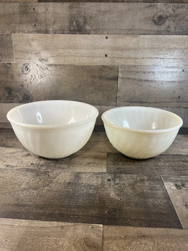 Vintage Anchor Hocking Fire King  Oven Ware 9" & 8” 2 White Swirl Bowls