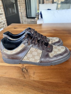Gucci Sneakers Brown Men 15 Leather Shoes Monogram Canvas Logo Low Tops GG